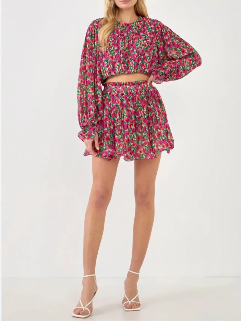 Floral Pink Pleated Bubble Top